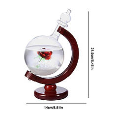 Барометр Штормгласс RESTEQ глобус великий, крапля Storm glass на дерев'яній підставці з червоною трояндою, фото 2