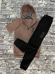 Чоловічий бежевий утеплений спортивний костюм адідас на флісі із замком на шиї в розмірі XL