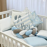 Бортики защита для детской кроватки с косой и простынью Art Design Геометрия голубая топ