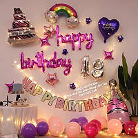 Набір повітряних кульок на день народження з веселкою, тортиком та гірляндою.
