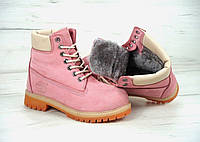 Зимние женские ботинки Timberland boots Pink (Розовые) Обувь Тимберленд высокие нубук мех утепленные Индонези