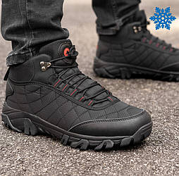 Чоловічі черевики-кросівки зимові теплі высокі з хутром на тракторній підошві чорні з червоним. Фото в живу