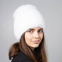 Женская норковая шапка на вязаной основе "Бубон-разрез" Белый