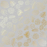 Аркуш односторонній паперу з фольгуванням, дизайн "Golden Tropical Leaves Gray, 30,5 см х 30,5 см