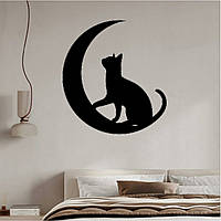 Панно картина з дерева, декор на стіну з фанери кіт та місяць 35см х 32см