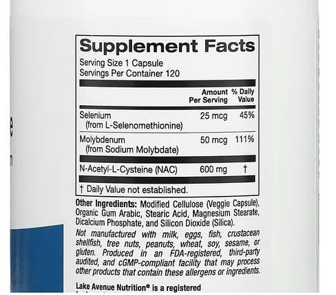 Амінокислота N-ацетил L-цистеїн Lake Avenue Nutrition NAC 600 мг 120 капс., фото 3