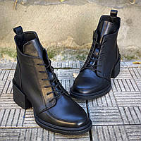 Женские черные ботинки натуральная кожа на шнуровке зима