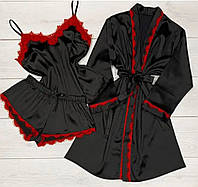 ВЫБОР ЦВЕТА Комплект женский атласный пижама и халат с кружевом 3в1