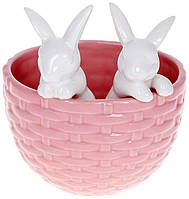Декоративное кашпо "Кролики в корзинке" 14х13.5х15см, керамика, розовый с белым