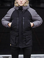 Мужская куртка зимняя до -28*С теплая с мехом Seniora черно-серая | Парка Пальто удлиненная ЛЮКС качества