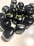 Руни з чорного обсідіану- натуральне велике каміння , комплект у кожаній торбтнці, старший футарк, фото 4