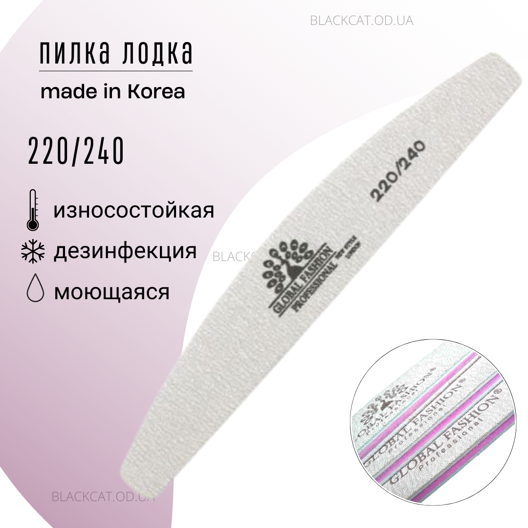 Пилка 220/240 човна сіра для натуральних нігтів двостороння Global Fashion