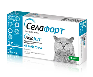 Краплі від бліх, кліщів та глистів KRKA Selafort (Селафорт для котів 2,6-7,6 кг) 45мг/0,75 мл/1шт