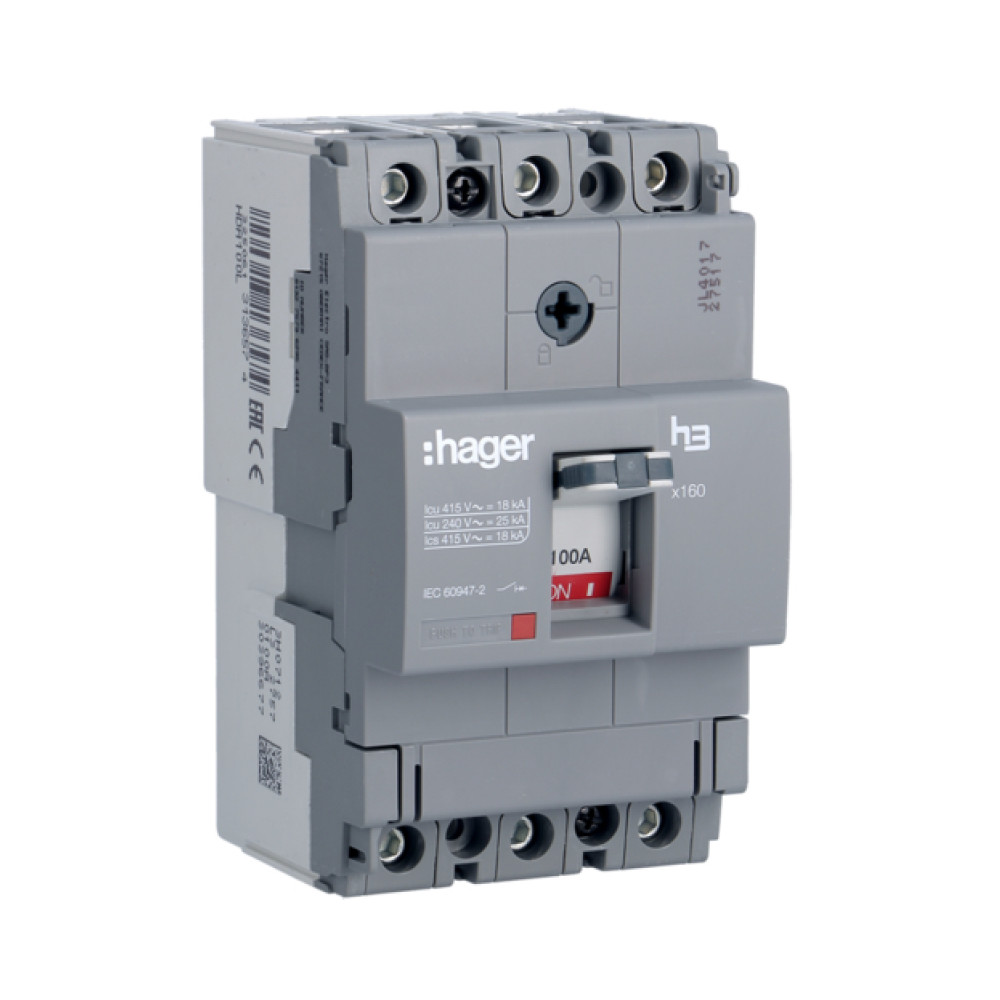 Автоматичний вимикач  Hager x160, In=100А, 3п, 18kA, Тфікс./Мфікс. HDA100L