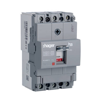 Автоматичний вимикач  Hager x160, In=100А, 3п, 18kA, Тфікс./Мфікс. HDA100L, фото 1