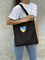 Єко сумка шопер тканинний чорний патріотичний з бігунком та кішенею всередені 40х36 см "Сердце"