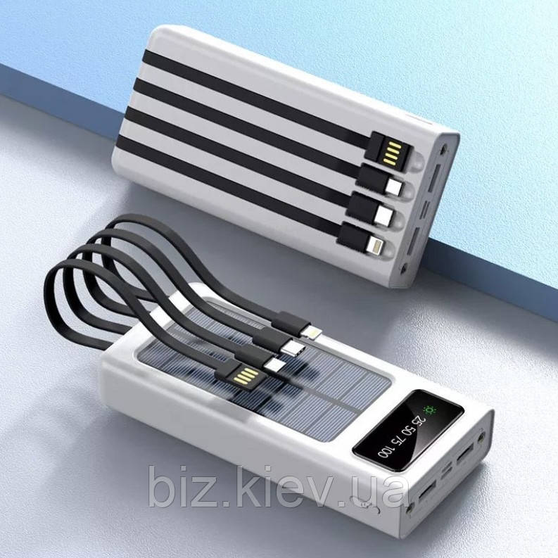 Powerbank Solar 30000 мАч із сонячною панеллю ліхтарем кабелем білий