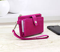 Жіночий маленький гаманець-картхолдер подвійного складання зі шкіри з ремінцем на руку/ Ручної роботи/ Рожевий