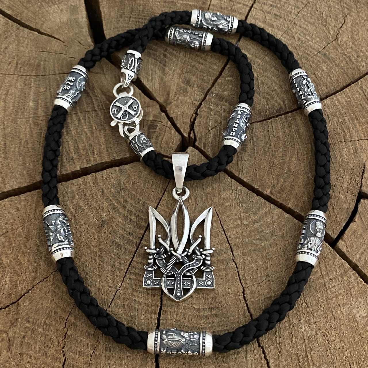 Підвіска Тризуб на шовковому шнурку, фото 1