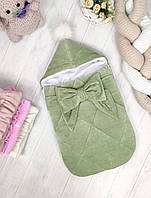 Зимний велюровый конверт на флисе с бантом для новорожденных, зеленый