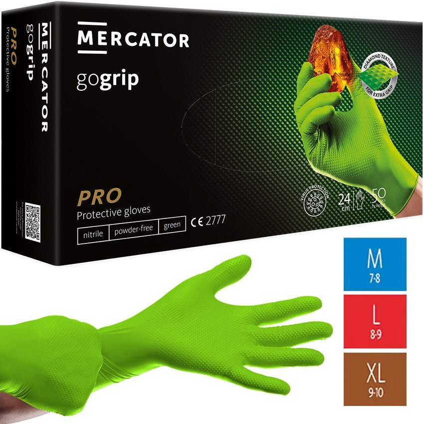Рукавички нітрилові Супер міцні GoGrip Mercator Medical, щільність 10 г. - зелені (50шт/25пар)