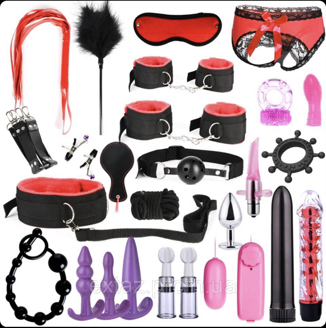Червоно-чорний BDSM набір 26 предметів для рольових садово-мазо ігор Фетіш, вібратор, анальний корок, наручники