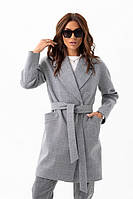 Пальто женское оверсайз, зимнее, утепленное, 70% шерсть, шерстяное, в клетку, Серый, 42