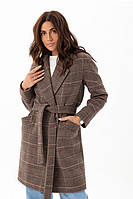 Пальто женское оверсайз, зимнее, утепленное, 70% шерсть, шерстяное, в клетку, Кофейный, 42