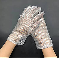 Праздничные женские перчатки, фатиновые перчатки с пайетками. СЕРЕБРИСТЫЙ белый цвет.