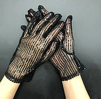 Праздничные женские перчатки, фатиновые перчатки с пайетками. ЧЕРНЫЙ цвет.