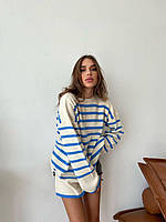 Женский свитер туника оверсайз в полоску с широкими рукавами (р. 42-46) 77043033 Голубой