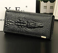 Женский кожаный стильный модный красивый кошелек клатч гаманець с крокодилом Чорный