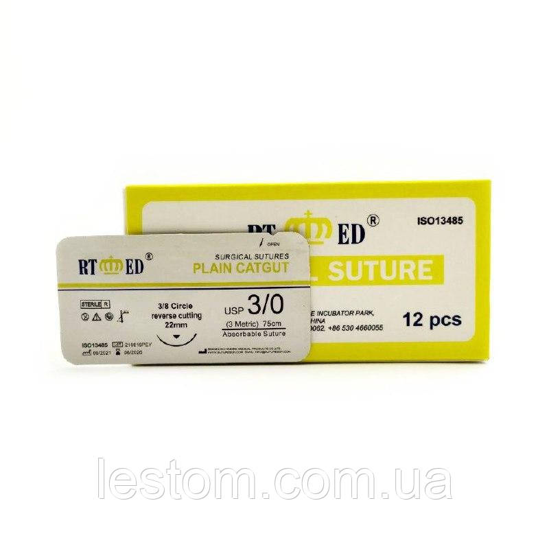 Кетгут звичайний RT-med USP 3/0 (EP 3) зі звор. ріж. голкою 22мм 3/8 кола
