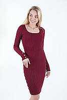 Недорогое женское теплое платье из трикотажа в рубчик бордовое S|M (42-44)
