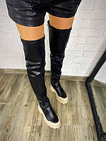 Жіночі чорні ботфорти натуральна шкіра + стрейч на бежеві підошві Демі