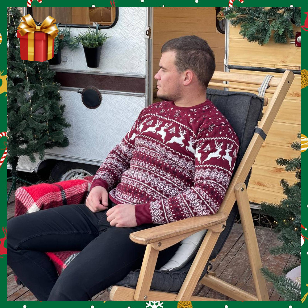 Чоловічий светр з Оленями теплий бордовий без Горла + ПОДАРУНОК шкарпетки, Новорічний різдвяний подарунок чоловікові