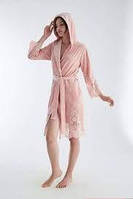 Женский велюровый халат L/XL средней длинный без капюшона.Розовый