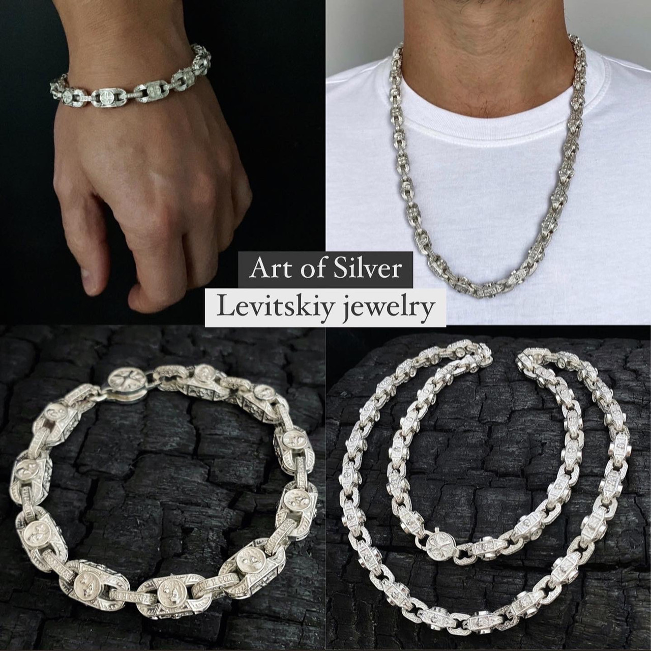 Срібний 925 православний комплект браслет і ланцюг із чорнуванням, фото 1