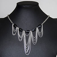 Кольє жіноче довге сріблястого кольору з чорним агатом і багатошаровим ланцюгом довжина кольє 60 см