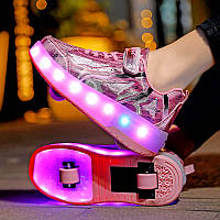 Роликові кросівки з LED підсвічуванням, рожеві на 2-х колесах, розміри 30-40 (LR 1277)