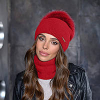 Комплект жіночий баф та шапка з натуральним помпоном Червоний