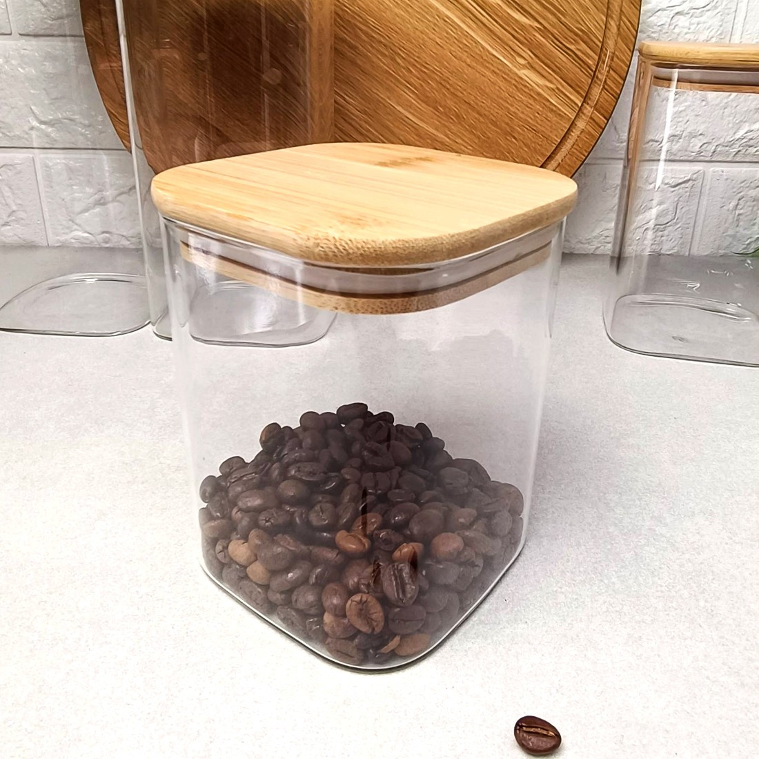 Квадратна скляна банка для зберігання з бамбуковою кришкою 900 мл, фото 1