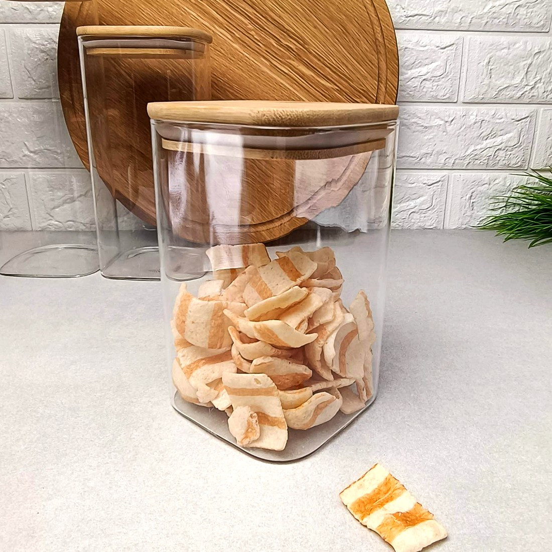 Квадратна скляна банка для зберігання з бамбуковою кришкою 1150 мл, фото 1