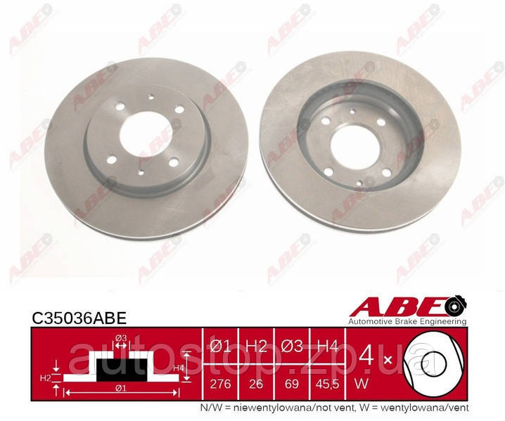 Диск гальмівний передній Mitsubishi Lancer 9 1.6 2003--2009 ABE (Польща) C35036ABE