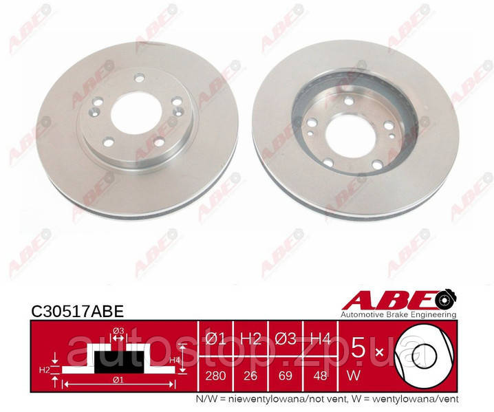 Диск гальмівний передній Kia Ceed 2006--2012 ABE (Польща) 280 mm C30517ABE