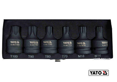 Набір насадок викруткових ударних YATO : TORX/SPLINE T70-100, M16-M18. квадрат 3/4". Cr-Mo. 6 Од