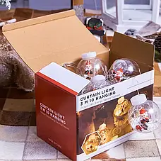 Новорічна Гірлянда завіса штора Кулі з наповненням Дід Мороз, 3.0 м, 10 куль, ТЕПЛАЯ, фото 6