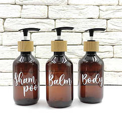 Набір дозаторів для ванної "Діжон" 300 мл коричневий пластик, дерево (3 шт.) напис англ.