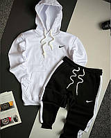 Мужской зимний спортивный костюм Nike белый с черным | Утепленный комплект Найк худи и штаны