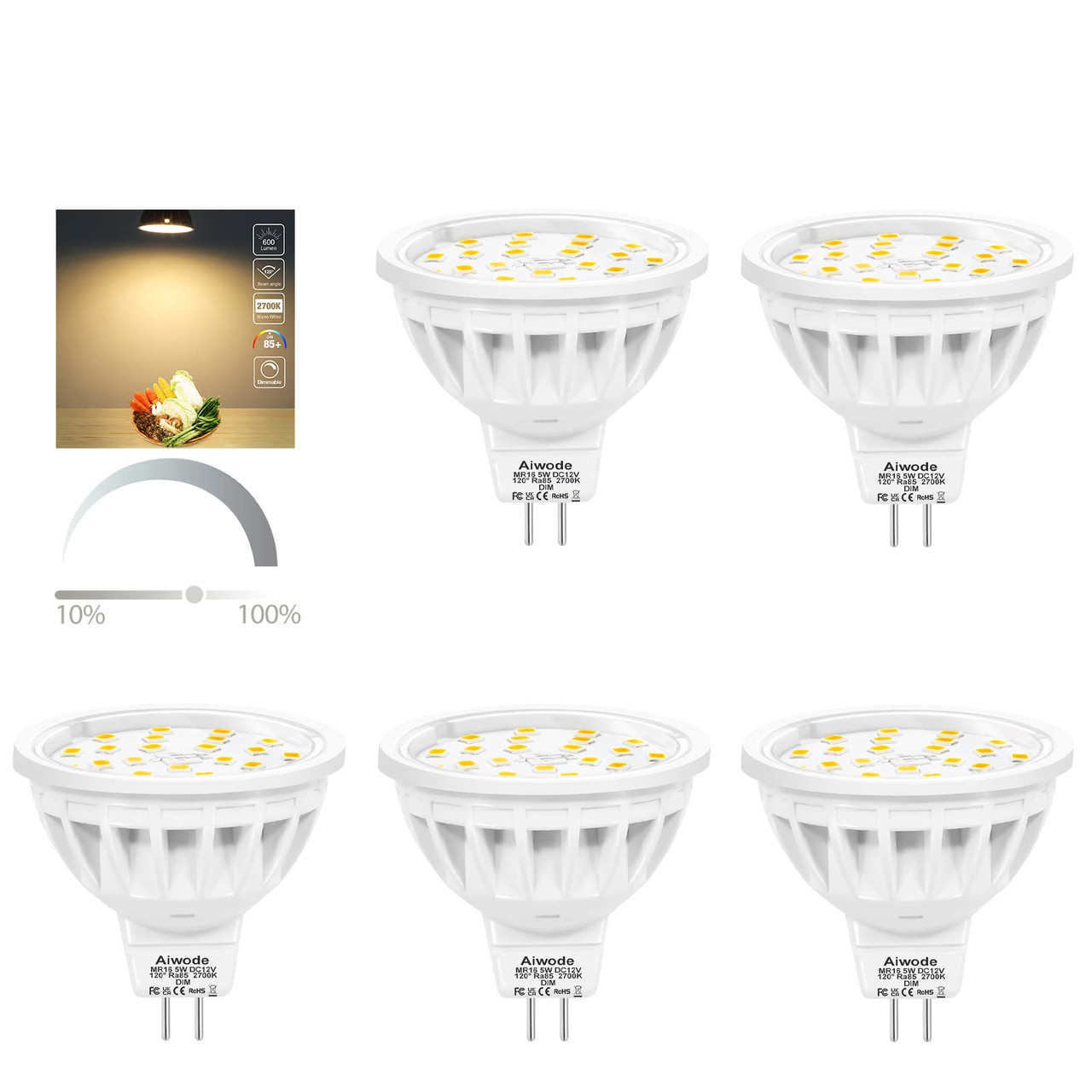 Світлодіодні лампи Aiwode 5 Вт із регульованою яскравістю GU5.3 MR16, теплий білий 2700 K, 5 шт.